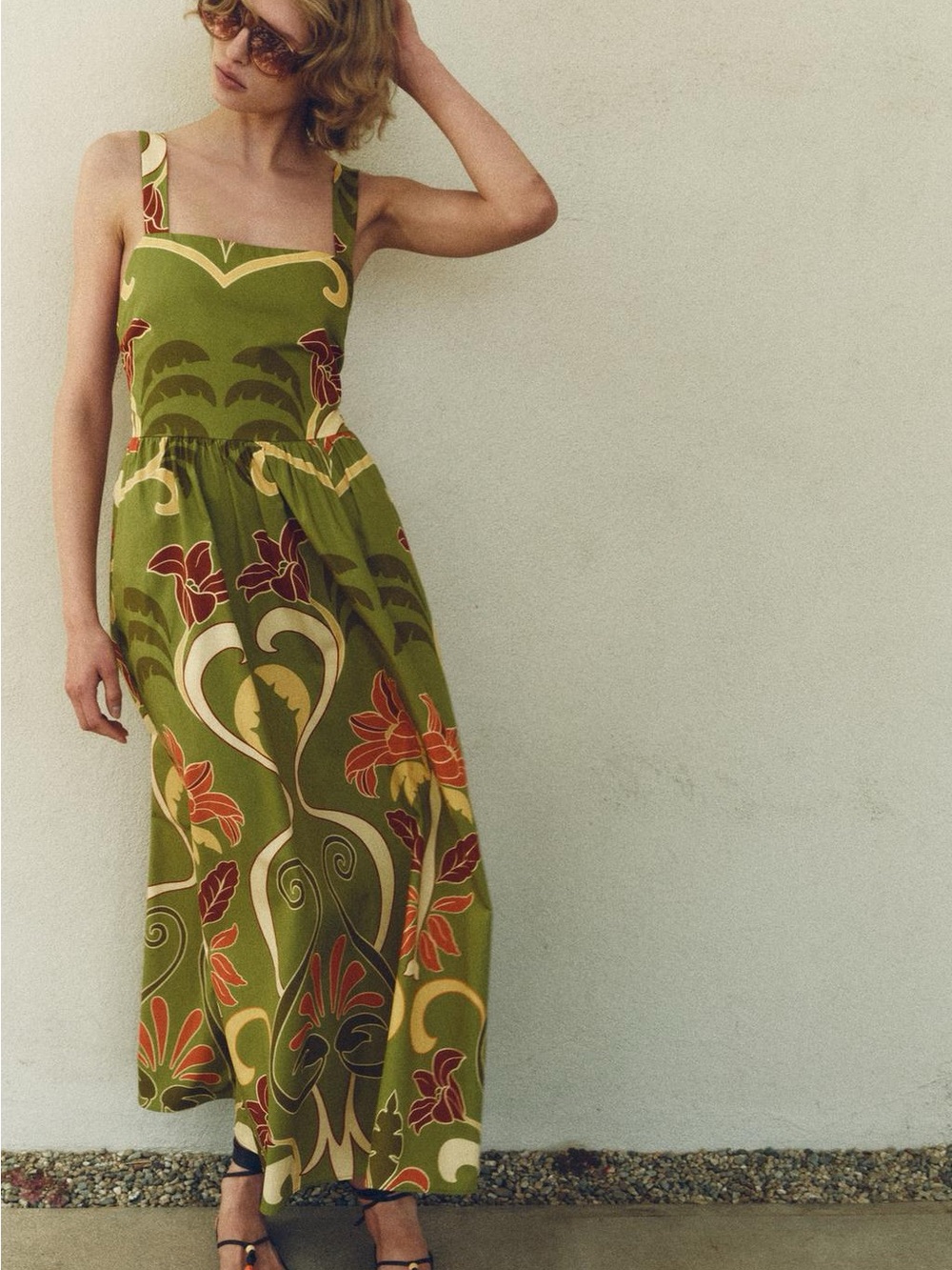 Zara Olive Green Floral Midi Dress with Red & Cream Accents - Picture 14 of 14
